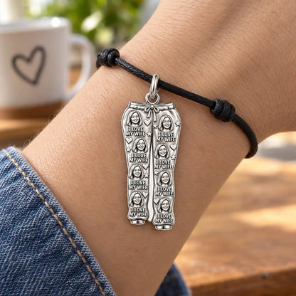 Cozy Love Sweatpants Charm Bracelet – Personalized Husband Gift – worn on the wrist on a black cord bracelet