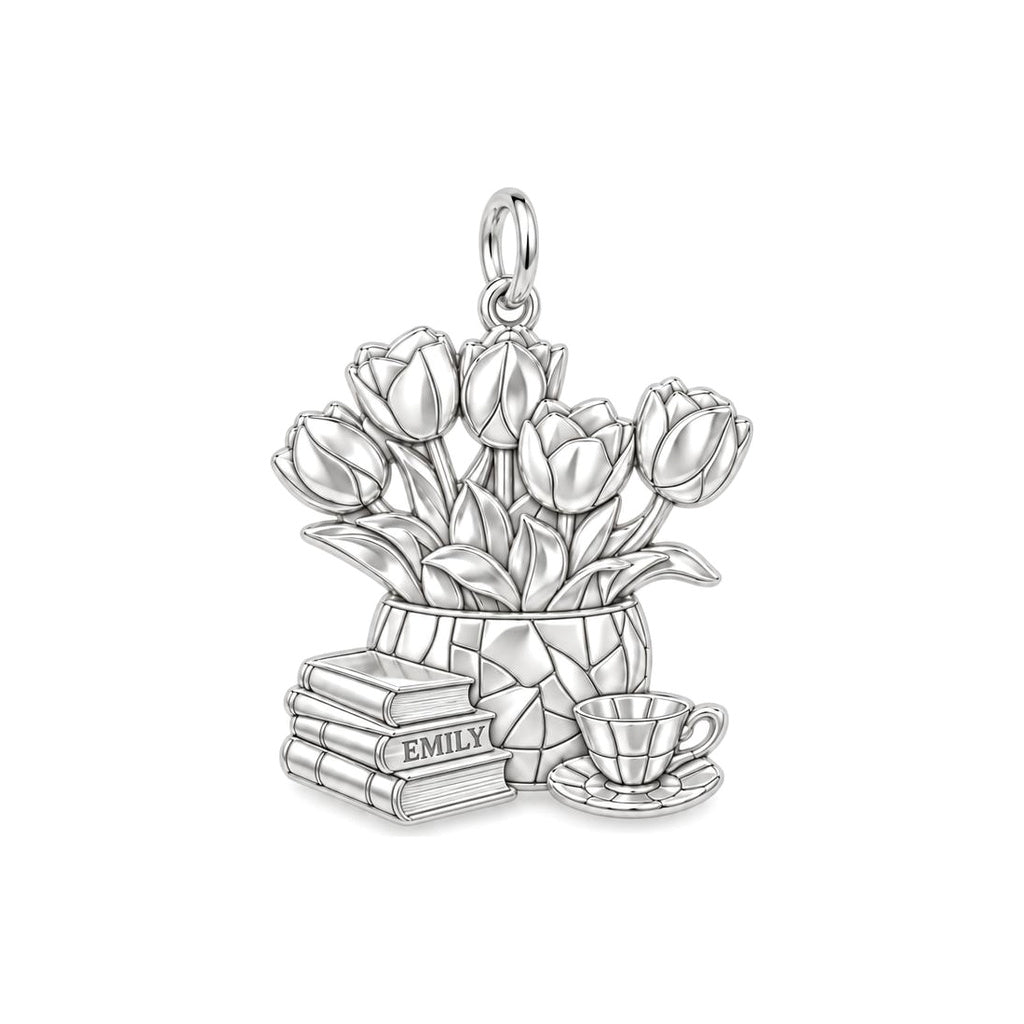 Cozy Morning Tulips Charm Bracelet – Personalized Book Mom G – silver charm, front view