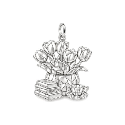 Cozy Morning Tulips Charm Bracelet – Personalized Book Mom G – silver charm, front view