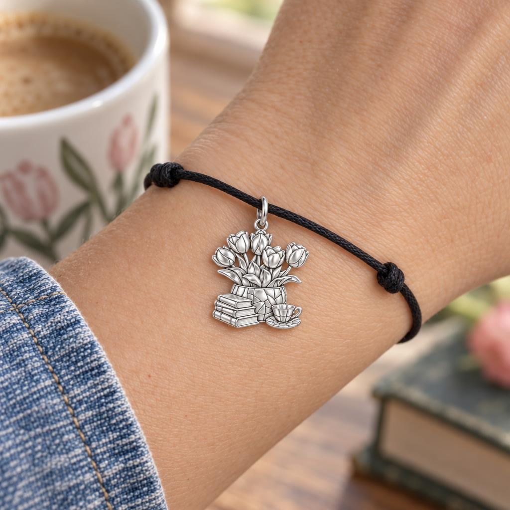 Cozy Morning Tulips Charm Bracelet – Personalized Book Mom G – worn on the wrist on a black cord bracelet
