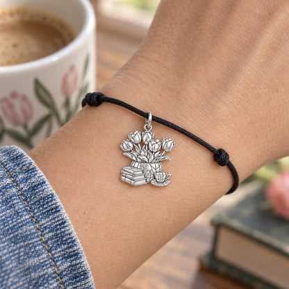 Cozy Morning Tulips Charm Bracelet – Personalized Book Mom G – worn on the wrist on a black cord bracelet