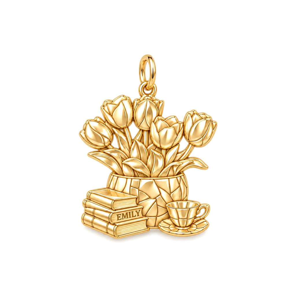 Cozy Morning Tulips Charm Bracelet – Personalized Book Mom G – 18K gold charm, front view