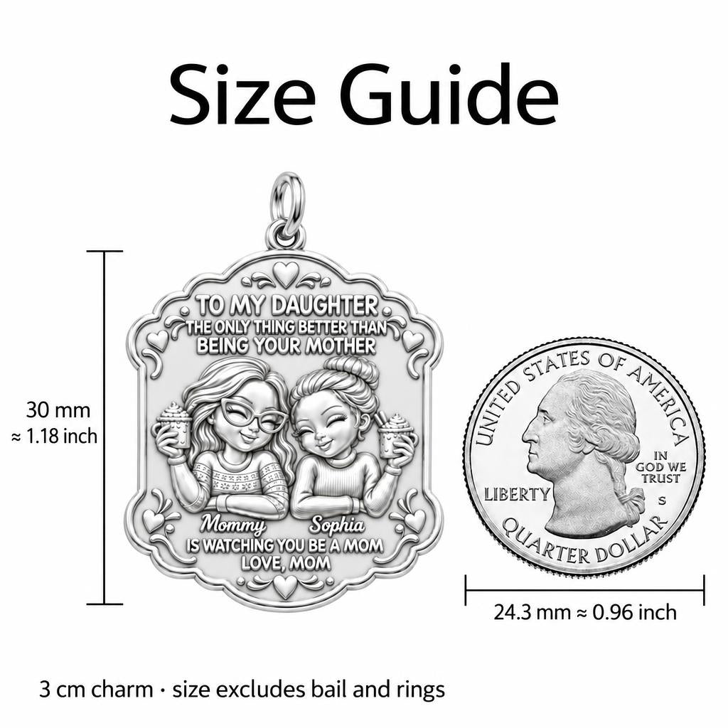 Cozy Mother Daughter Cocoa Charm Bracelet – Personalized Mom Gift – size guide, 3 cm charm next to a quarter