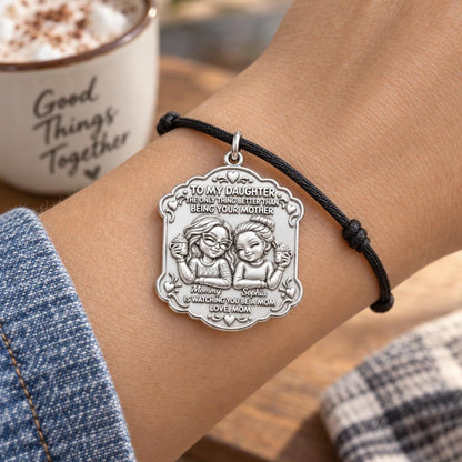 Cozy Mother Daughter Cocoa Charm Bracelet – Personalized Mom Gift – worn on the wrist on a black cord bracelet