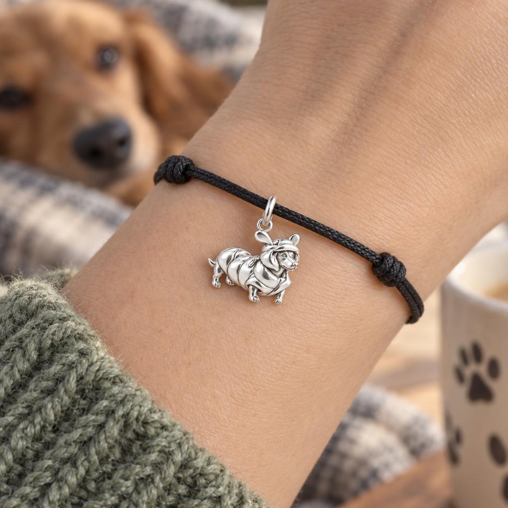 Cozy Puffer Coat Pet Charm Bracelet – Personalized Dog Mom Gift – worn on the wrist on a black cord bracelet