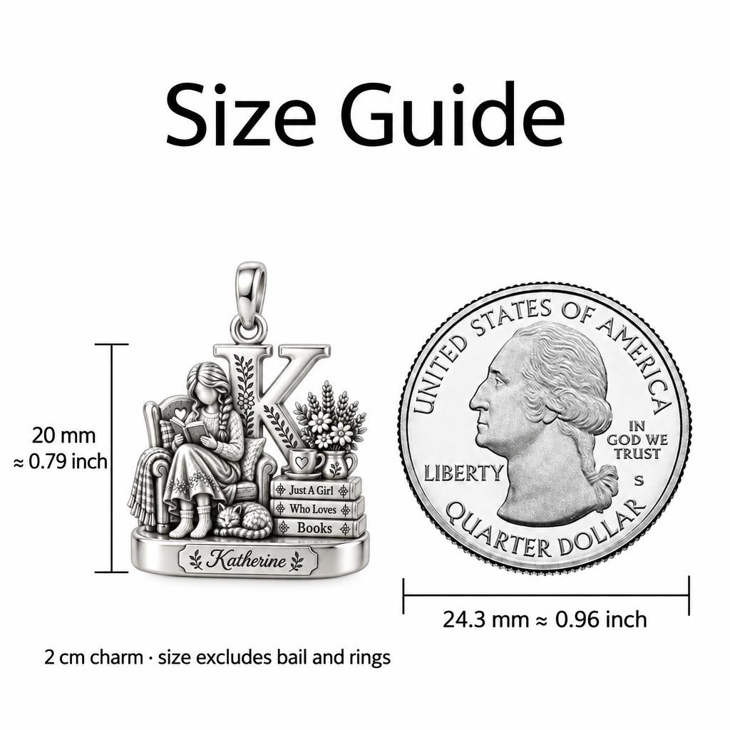 Cozy Reading Nook Charm Bracelet – Personalized Book Lover Gift – size guide, 3 cm charm next to a quarter