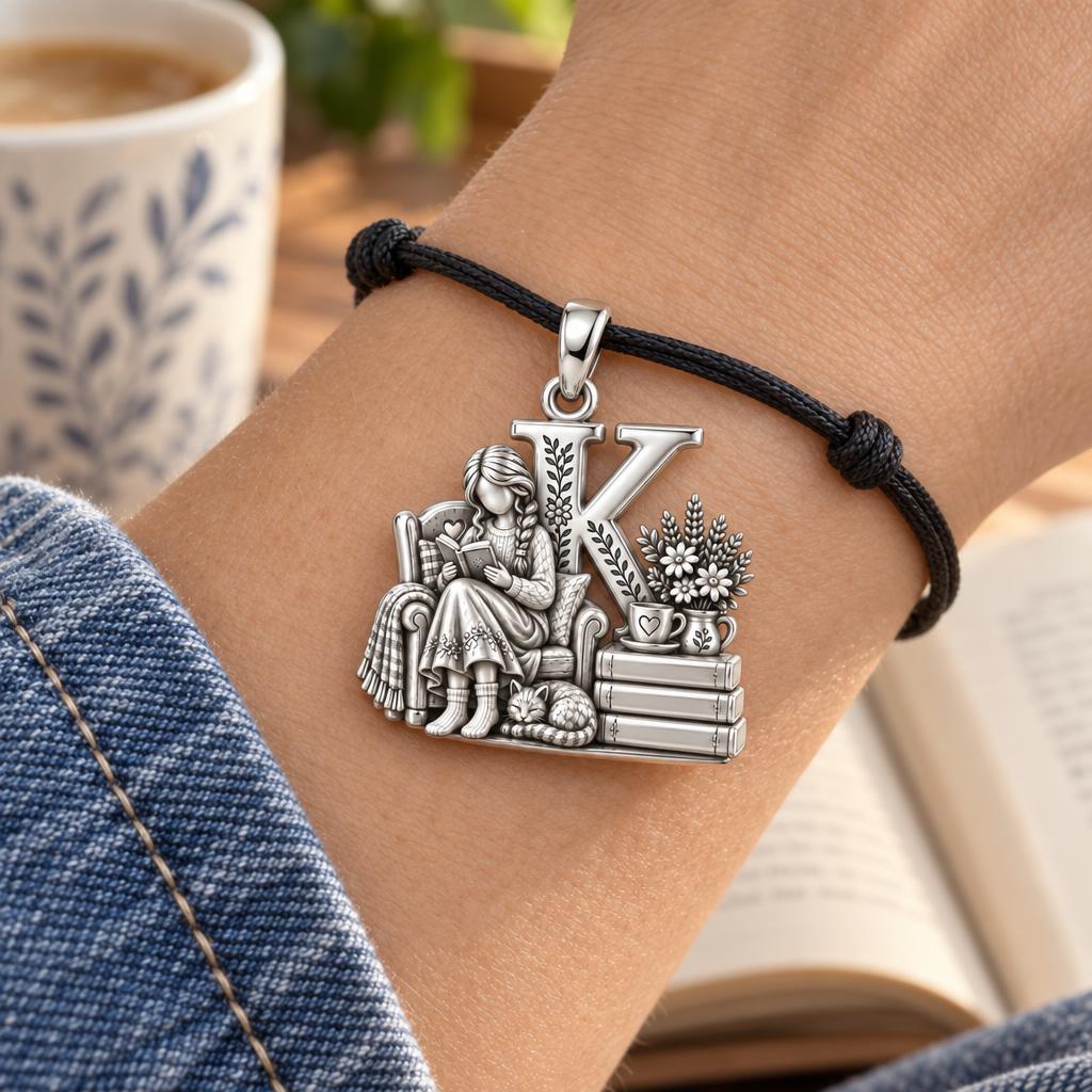 Cozy Reading Nook Charm Bracelet – Personalized Book Lover Gift – worn on the wrist on a black cord bracelet