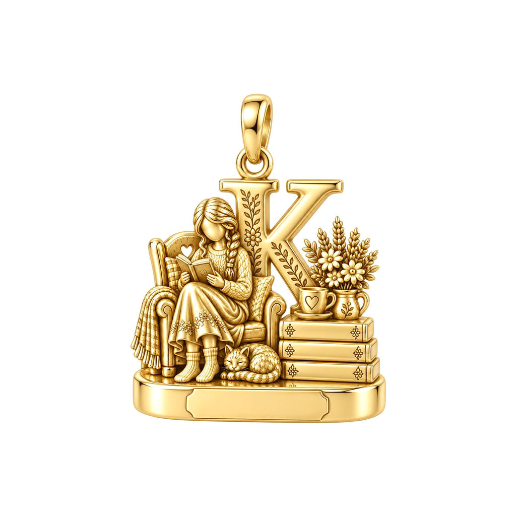 Cozy Reading Nook Charm Bracelet – Personalized Book Lover Gift – 18K gold plated 3 cm charm, front view