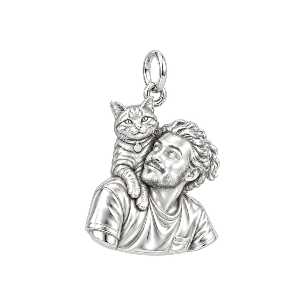 Cozy Shoulder Cat Selfie Charm Bracelet – Personalized Cat Mom Gift – silver charm, front view