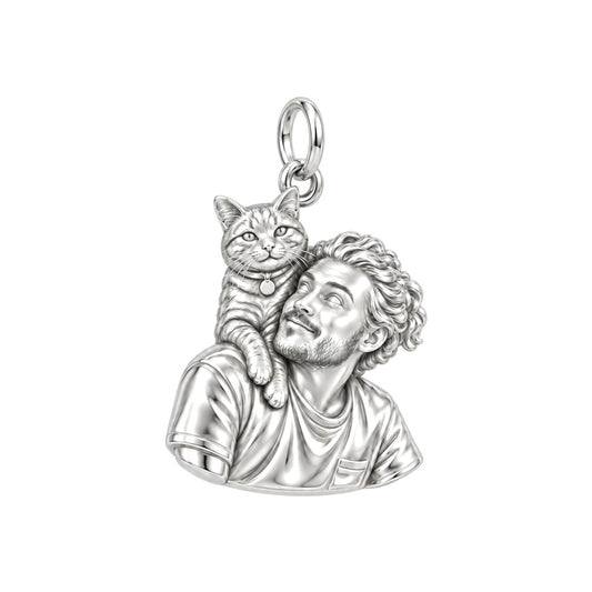 Cozy Shoulder Cat Selfie Charm Bracelet – Personalized Cat Mom Gift – silver charm, front view