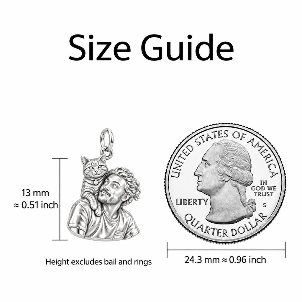 Cozy Shoulder Cat Selfie Charm Bracelet – Personalized Cat Mom Gift – size guide, 13 mm charm next to a quarter