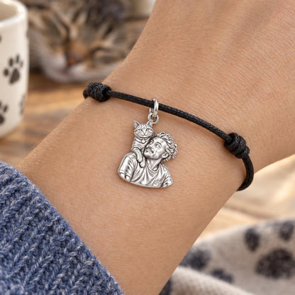 Cozy Shoulder Cat Selfie Charm Bracelet – Personalized Cat Mom Gift – worn on the wrist on a black cord bracelet