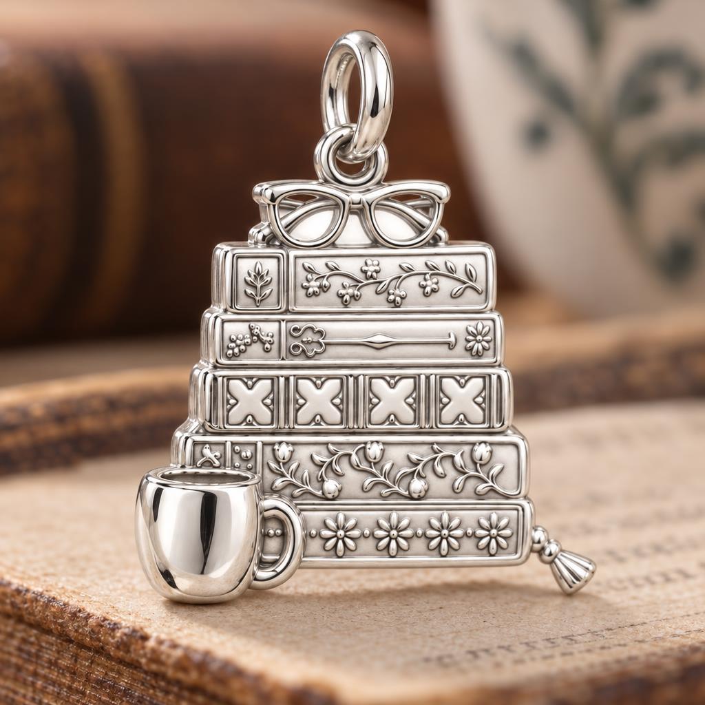 Cozy Stack of Stories Charm Bracelet – Personalized Book Mom Gift – macro detail of the charm