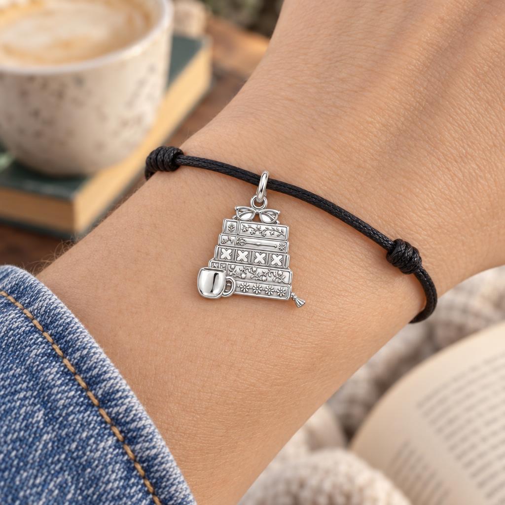 Cozy Stack of Stories Charm Bracelet – Personalized Book Mom Gift – worn on the wrist on a black cord bracelet