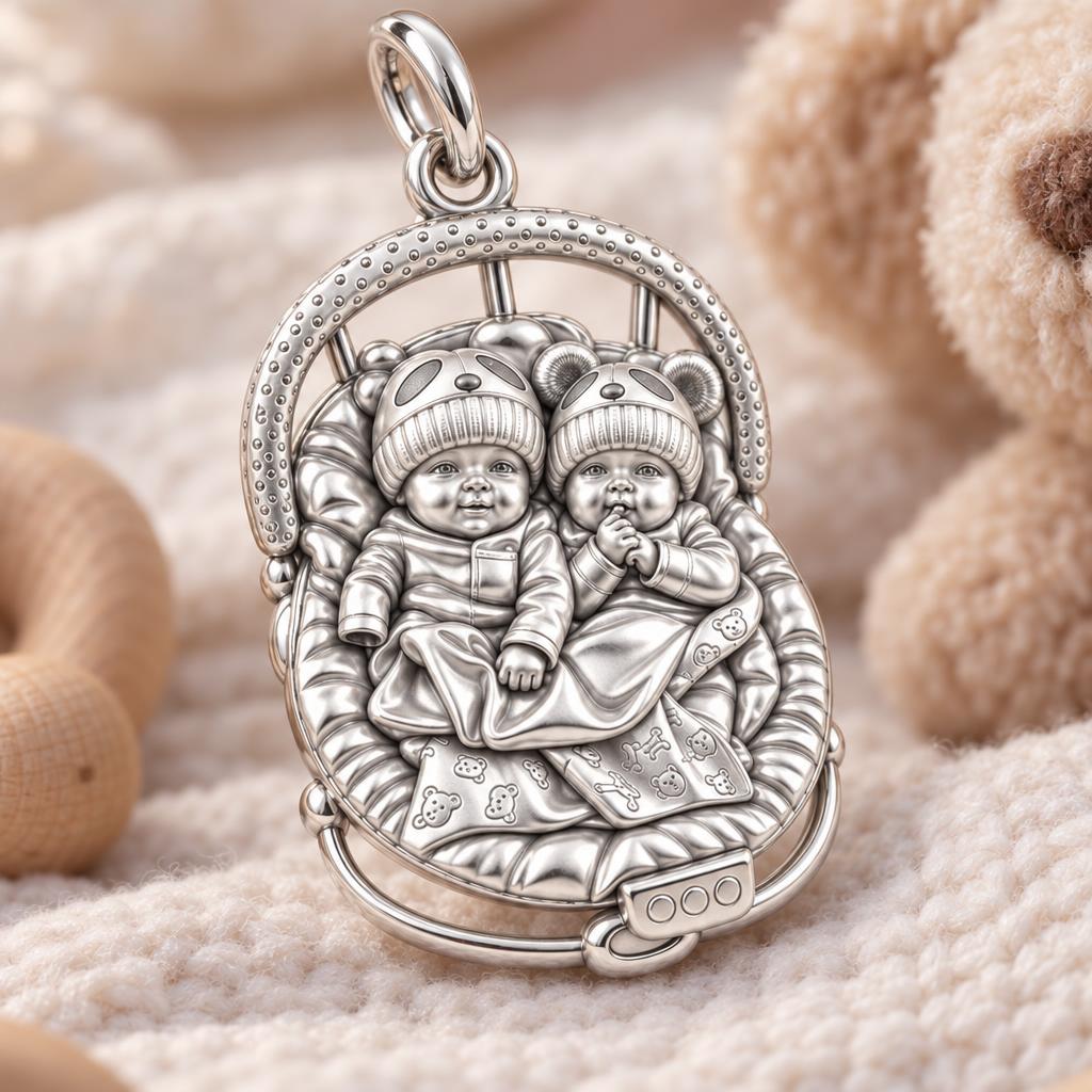 Cozy Twins Bouncer Charm Bracelet – Personalized Mom Gift – macro detail of the charm
