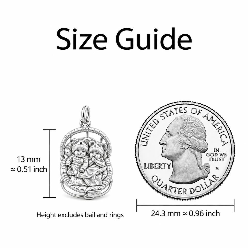 Cozy Twins Bouncer Charm Bracelet – Personalized Mom Gift – size guide, 13 mm charm next to a quarter