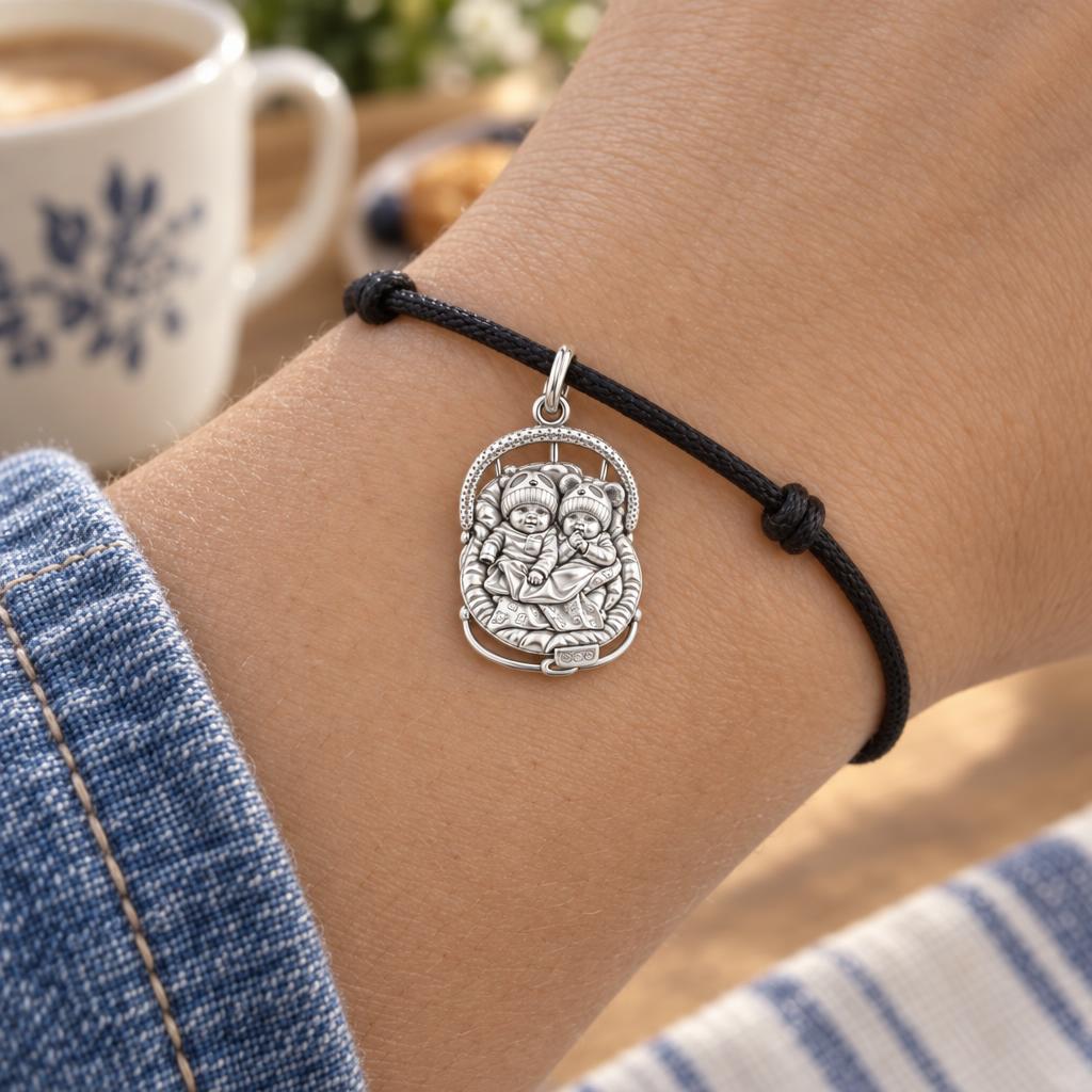 Cozy Twins Bouncer Charm Bracelet – Personalized Mom Gift – worn on the wrist on a black cord bracelet