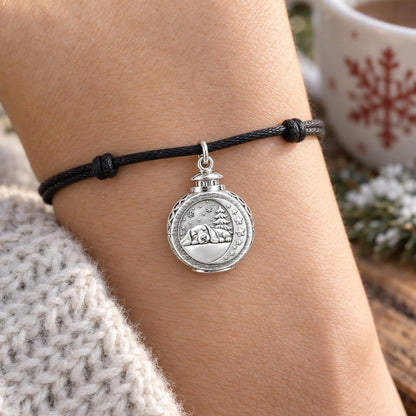 Cozy Winter Lantern Charm Bracelet – Personalized Dog Mom Gift – worn on the wrist on a black cord bracelet
