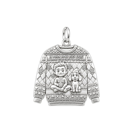 Cozy Winter Sweater Charm Bracelet – Personalized Dog Dad Gift – silver plated 3 cm charm, front view
