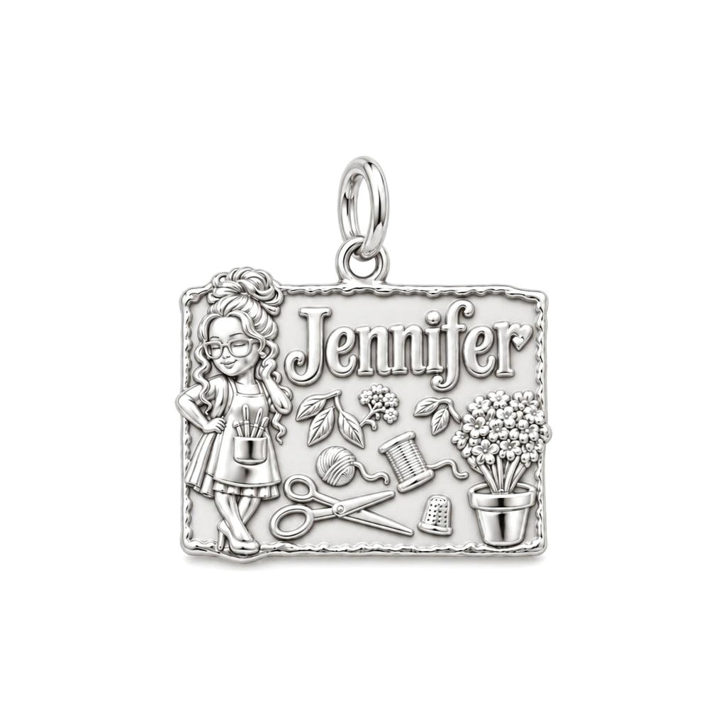 Craft Room Sanctuary Charm Bracelet – Personalized Crafter Gift – silver plated 3 cm charm, front view