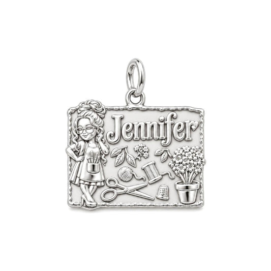 Craft Room Sanctuary Charm Bracelet – Personalized Crafter Gift – silver plated 3 cm charm, front view