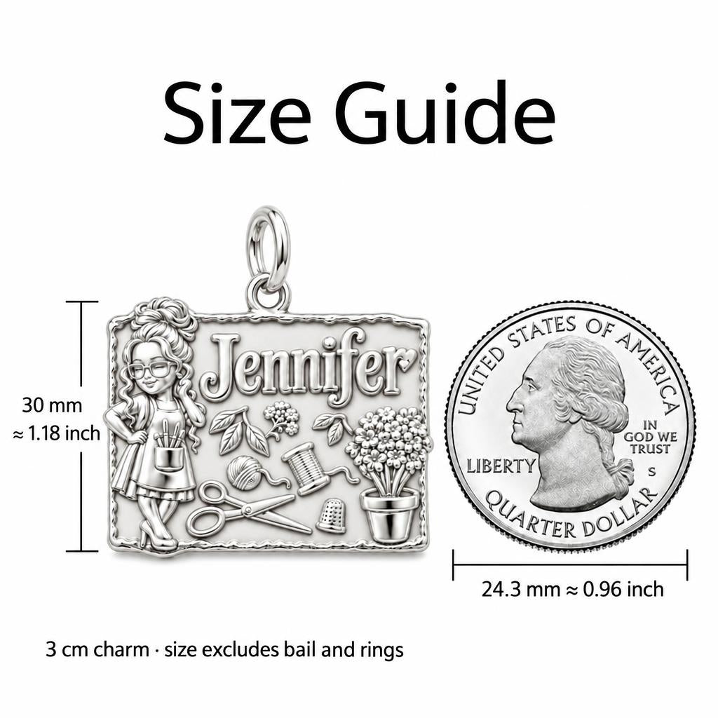 Craft Room Sanctuary Charm Bracelet – Personalized Crafter Gift – size guide, 3 cm charm next to a quarter