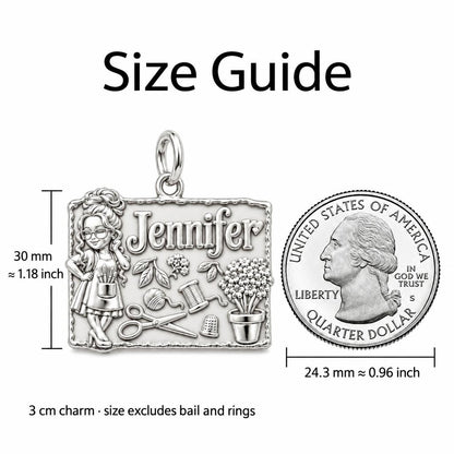 Craft Room Sanctuary Charm Bracelet – Personalized Crafter Gift – size guide, 3 cm charm next to a quarter