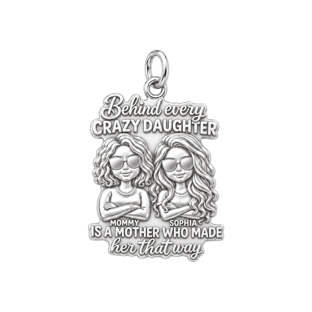 Crazy Daughter Duo Charm Bracelet – Personalized Mom Gift – silver plated 3 cm charm, front view
