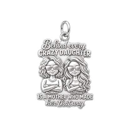 Crazy Daughter Duo Charm Bracelet – Personalized Mom Gift – silver plated 3 cm charm, front view