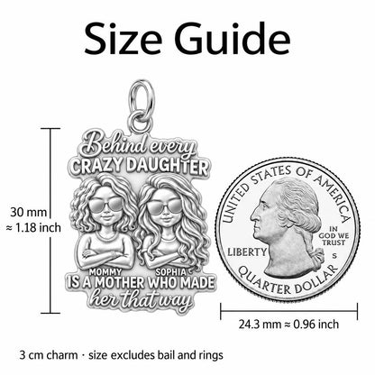 Crazy Daughter Duo Charm Bracelet – Personalized Mom Gift – size guide, 3 cm charm next to a quarter