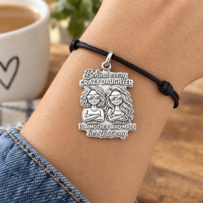 Crazy Daughter Duo Charm Bracelet – Personalized Mom Gift – worn on the wrist on a black cord bracelet