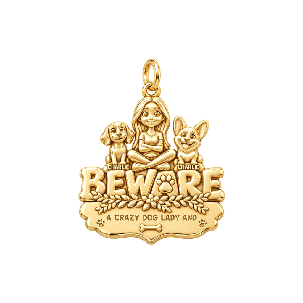 Crazy Dog Lady Beware Charm Bracelet – Personalized Mom Gift – 18K gold plated 3 cm charm, front view