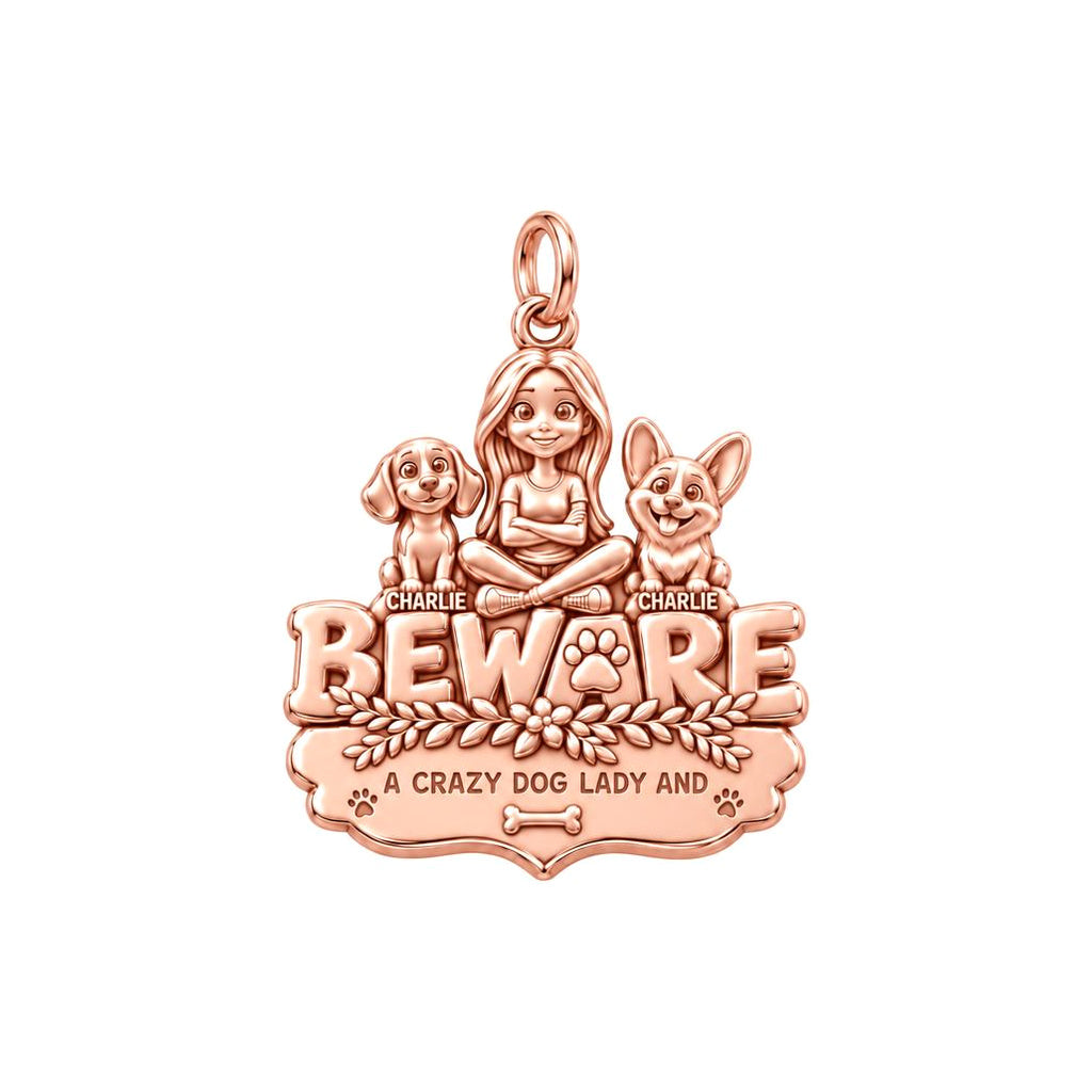 Crazy Dog Lady Beware Charm Bracelet – Personalized Mom Gift – rose gold 3 cm charm, front view