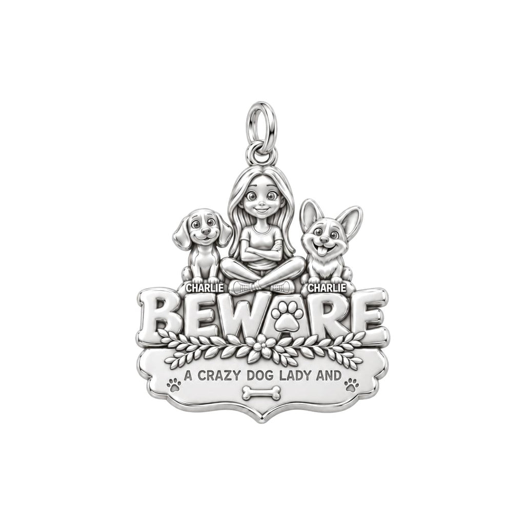 Crazy Dog Lady Beware Charm Bracelet – Personalized Mom Gift – silver plated 3 cm charm, front view