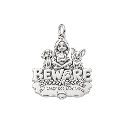 Crazy Dog Lady Beware Charm Bracelet – Personalized Mom Gift – silver plated 3 cm charm, front view