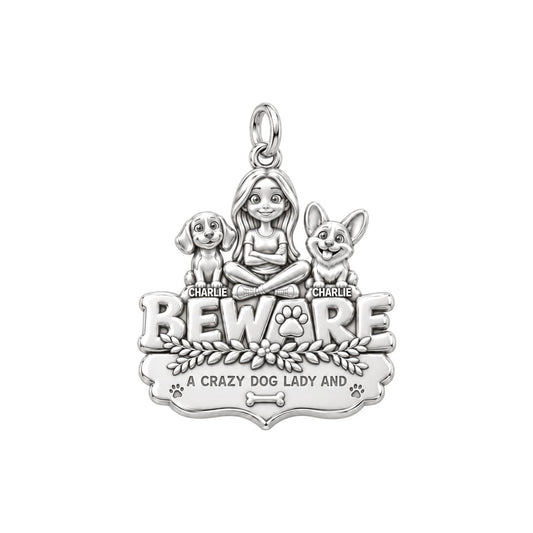 Crazy Dog Lady Beware Charm Bracelet – Personalized Mom Gift – silver plated 3 cm charm, front view