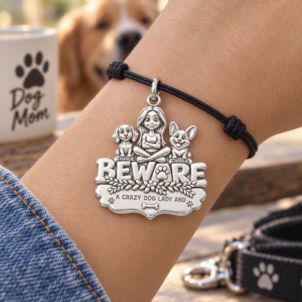 Crazy Dog Lady Beware Charm Bracelet – Personalized Mom Gift – worn on the wrist on a black cord bracelet