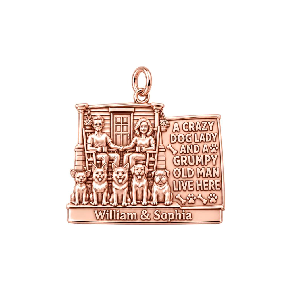 Crazy Dog Lady & Grumpy Man Charm Bracelet – Personalized Couple Gift – rose gold 2 cm charm, front view