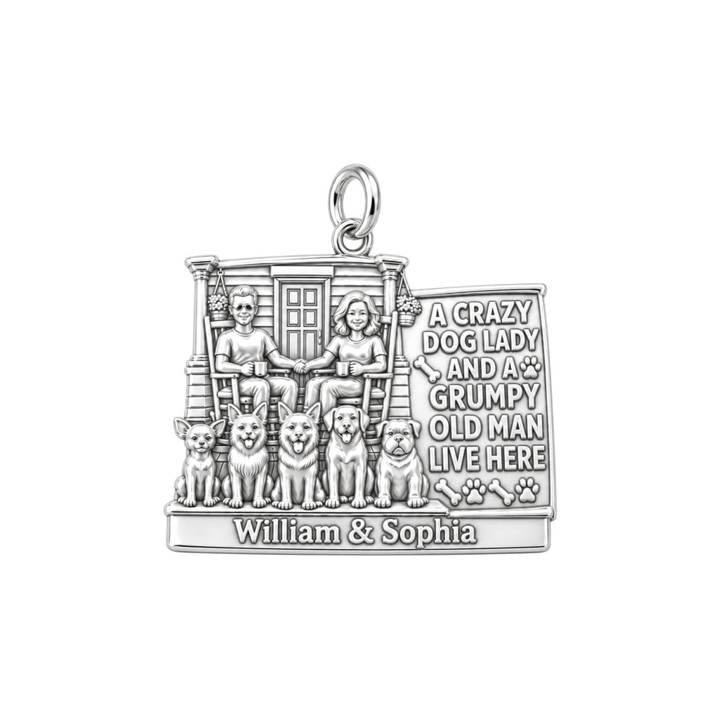 Crazy Dog Lady & Grumpy Man Charm Bracelet – Personalized Couple Gift – silver plated 2 cm charm, front view