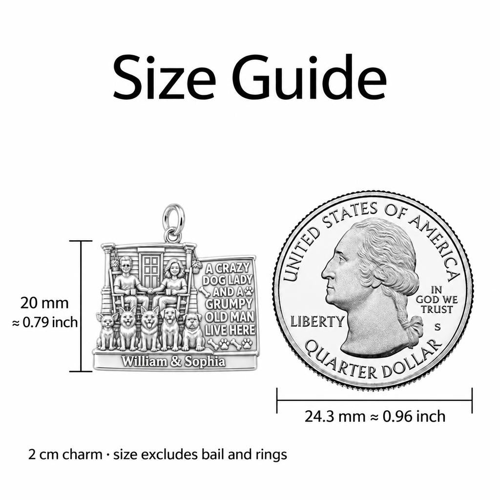 Crazy Dog Lady & Grumpy Man Charm Bracelet – Personalized Couple Gift – size guide, 2 cm charm next to a quarter