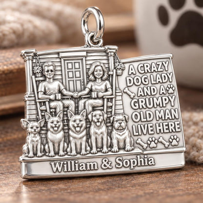 Crazy Dog Lady & Grumpy Man Charm Bracelet – Personalized Couple Gift – macro detail of the charm