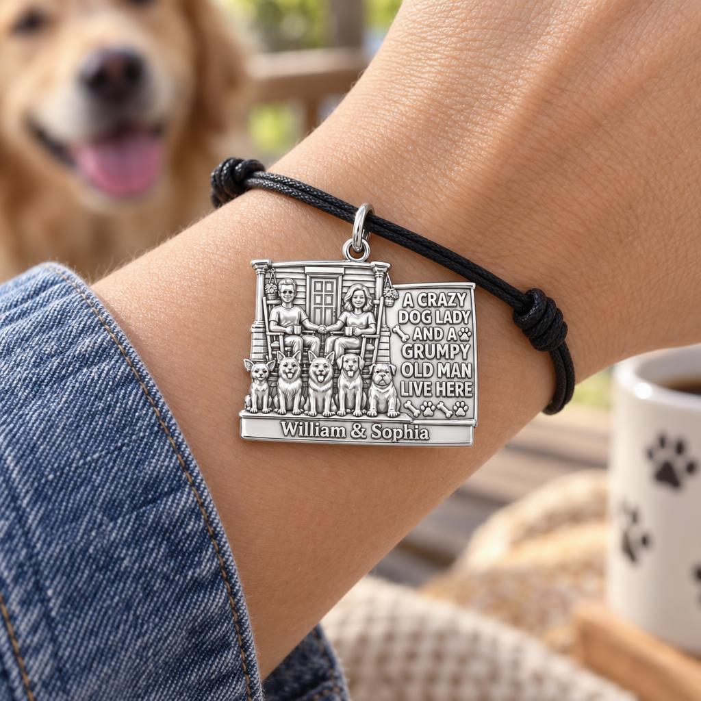 Crazy Dog Lady & Grumpy Man Charm Bracelet – Personalized Couple Gift – worn on the wrist on a black cord bracelet