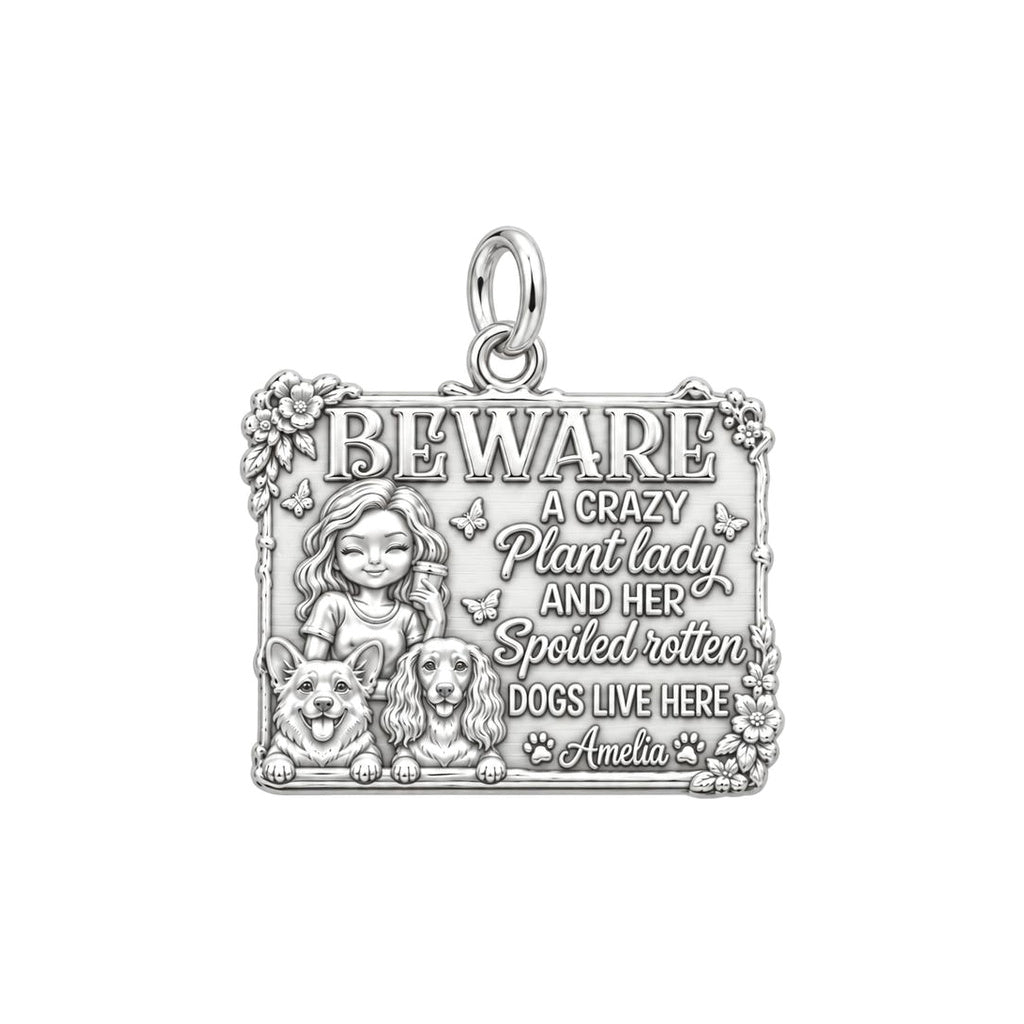 Crazy Plant Lady Charm Bracelet – Personalized Dog Mom Gift – silver plated 3 cm charm, front view
