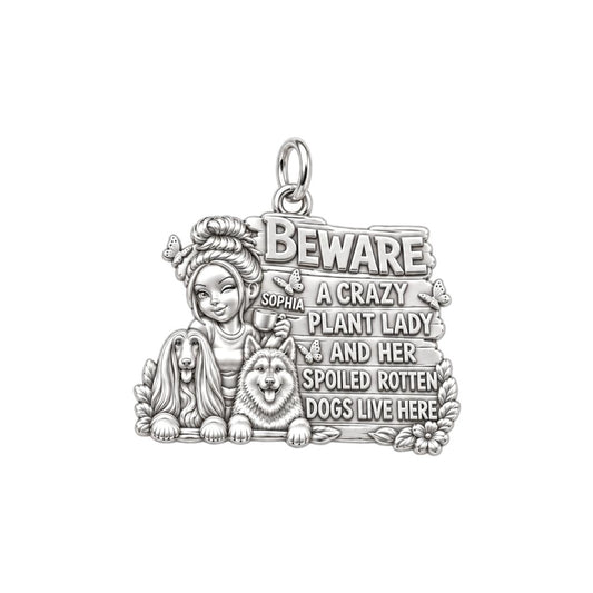 Crazy Plant Lady Charm Bracelet – Personalized Dog Mom Gift – silver plated 2 cm charm, front view