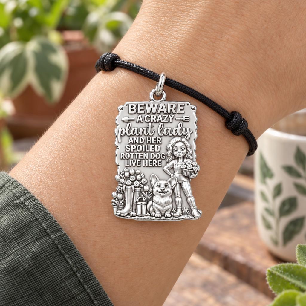 Crazy Plant Lady Charm Bracelet – Personalized Dog Mom Gift – worn on the wrist on a black cord bracelet