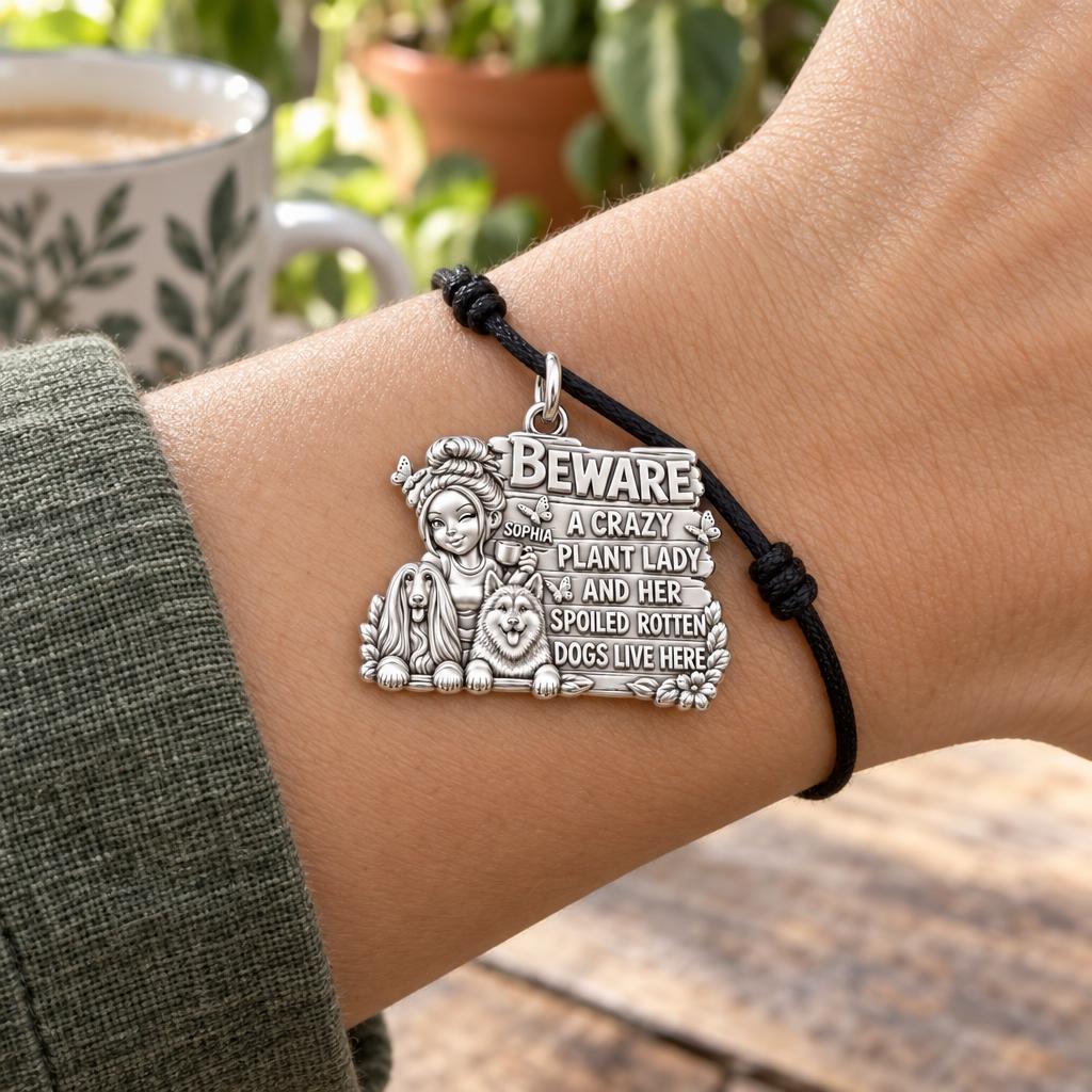 Crazy Plant Lady Charm Bracelet – Personalized Dog Mom Gift – worn on the wrist on a black cord bracelet