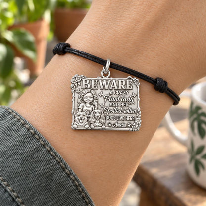 Crazy Plant Lady Charm Bracelet – Personalized Dog Mom Gift – worn on the wrist on a black cord bracelet