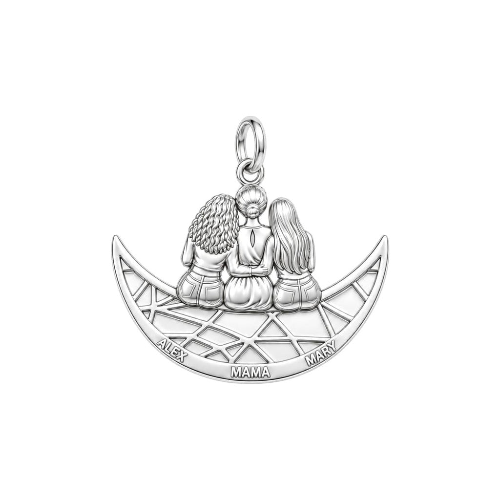 Crescent Moon Motherhood Charm Bracelet – Personalized Mom Gift – silver plated 3 cm charm, front view