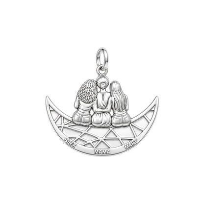 Crescent Moon Motherhood Charm Bracelet – Personalized Mom Gift – silver plated 3 cm charm, front view
