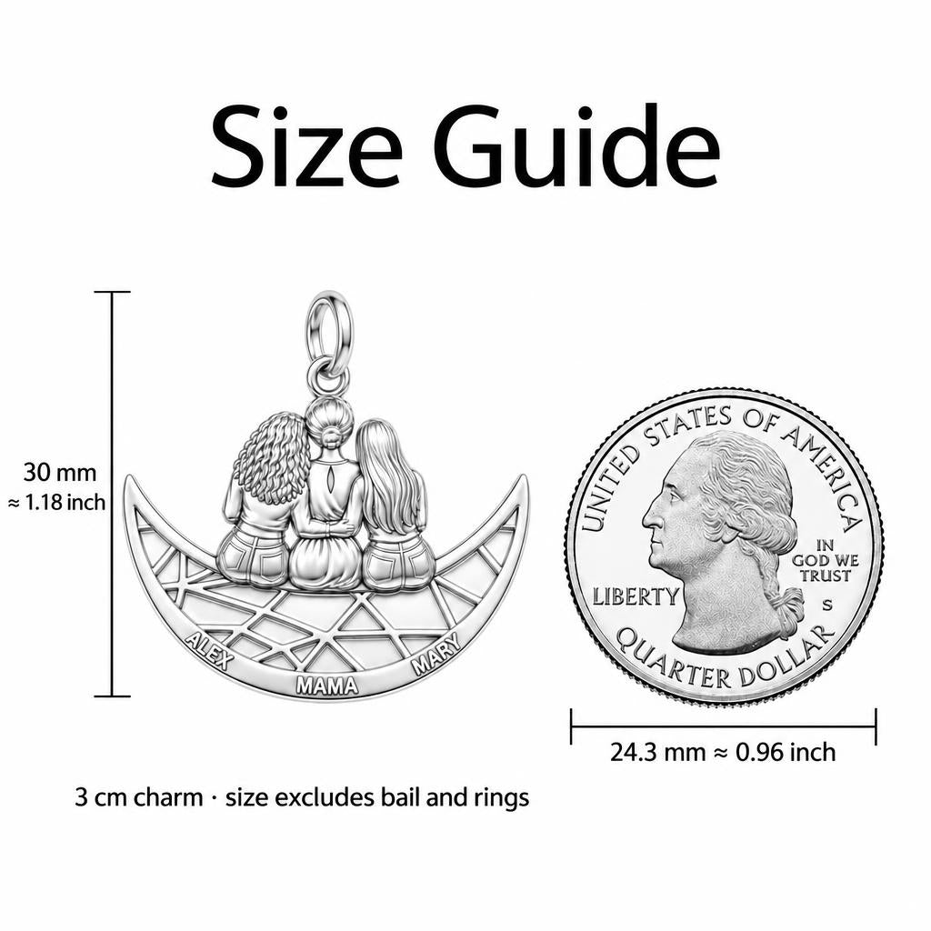 Crescent Moon Motherhood Charm Bracelet – Personalized Mom Gift – size guide, 3 cm charm next to a quarter